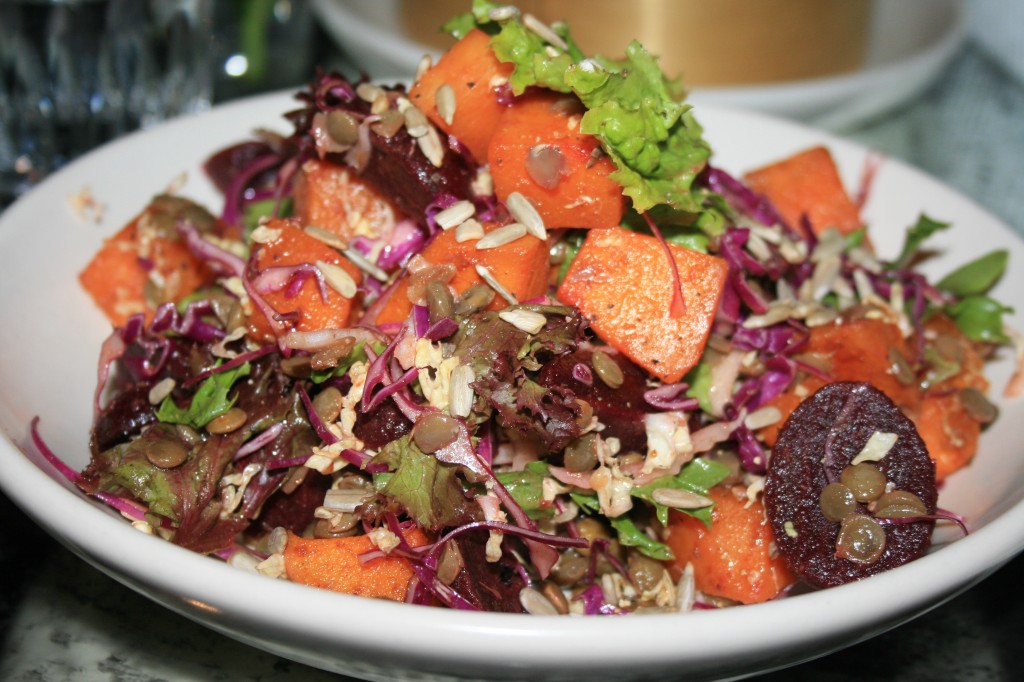 Spiced pumkin & beetroot salad with lentils, onion sunflower seeds & raspberry vinaigrette