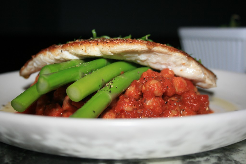 Snapper Fillet with Green Asparagus, Spiced Chick Peas & Gremolata